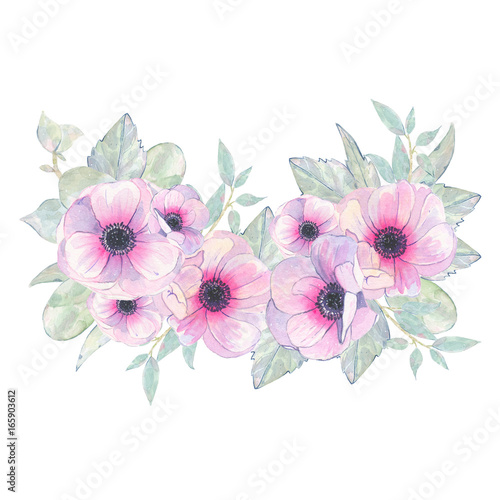 Watercolor hand painted flower pink anemone bouquet isolated on white background © madiwaso