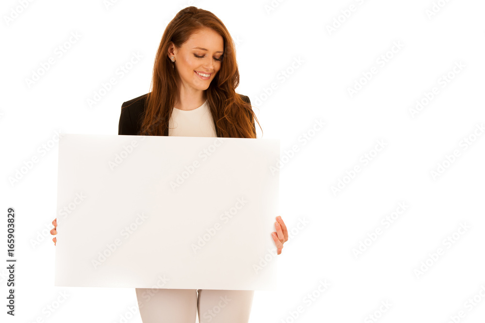 attractive business woman holding white banner with copy spave for additional text or graphic isolated over white attractive business woman holding white banner with copy spave for additional text or graphic isolated over white