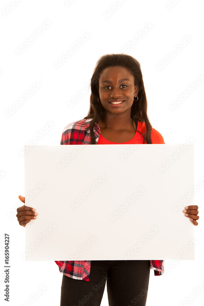 Active young woman holding blank white banner for additional graphics or text isolated over white background Active young woman holding blank white banner for additional graphics or text isolated over white background