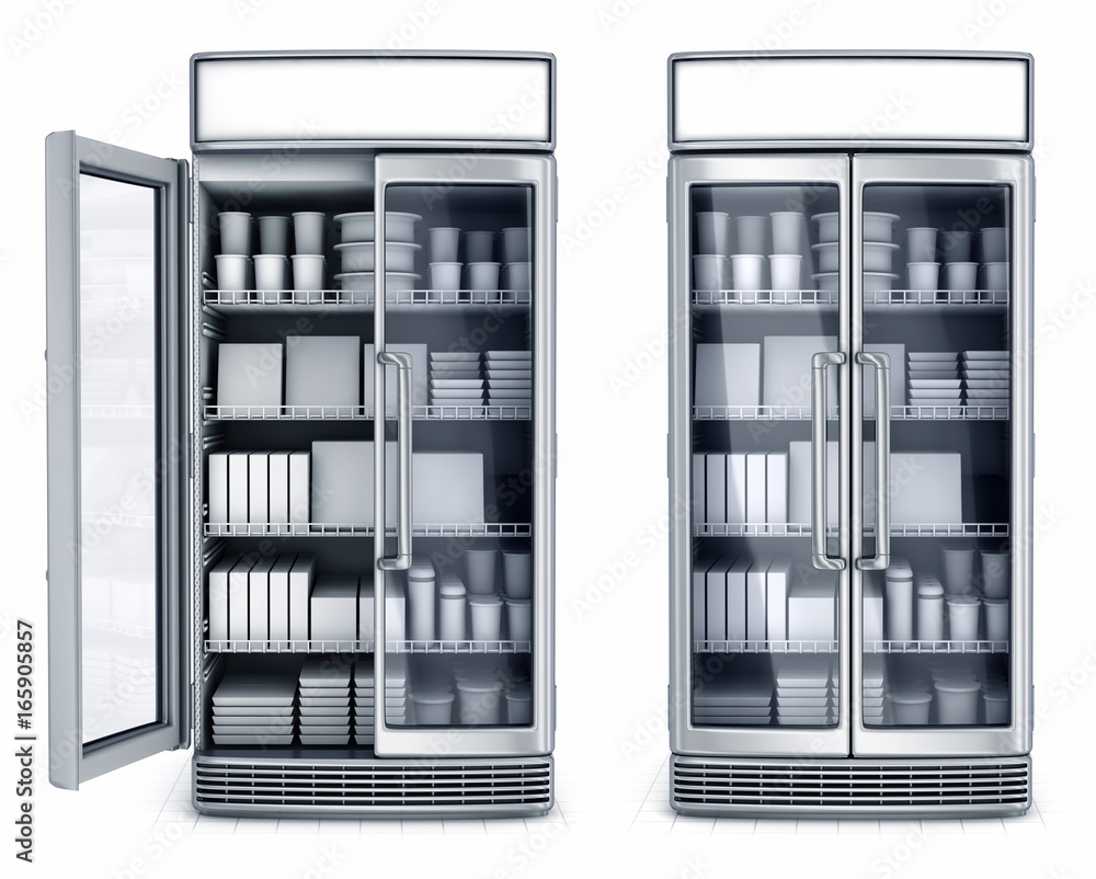 Refrigerator showcase for a supermarket. Blank goods on shelves. 3d illustration isolated on white.