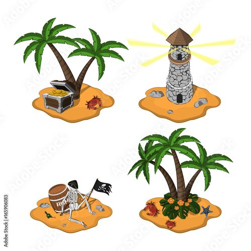 Set of tropical islands in cartoon style on white background. Pirate isle in isometric view. Mobile game. Vector illustration