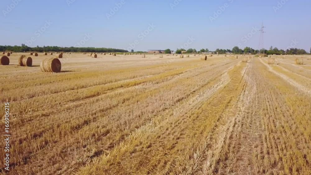 Clouds above field with rolls of hay at summer sunny day. Aerial view Clouds above field with rolls of hay at summer sunny day. Aerial view