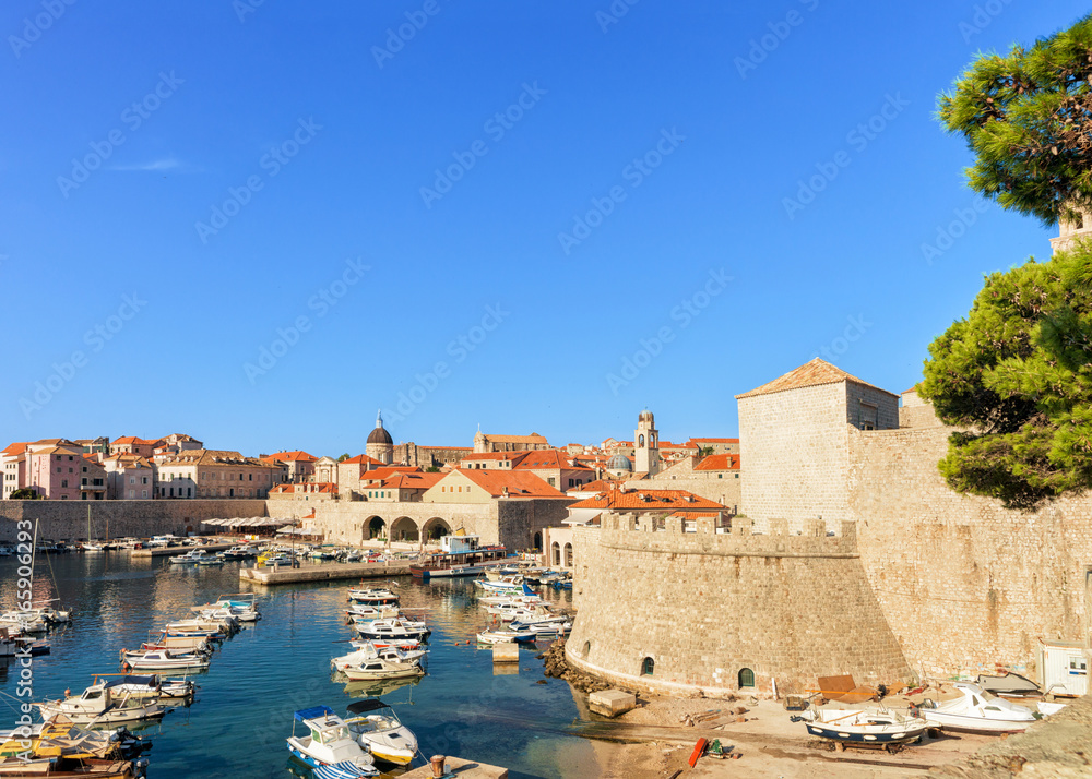 Sailing Boats at Old port and Dubrovnik Cathedral