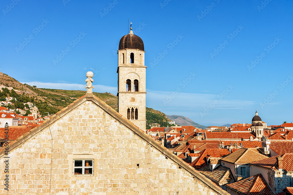 Panorama of Old town with church bell tower in Dubrovnik