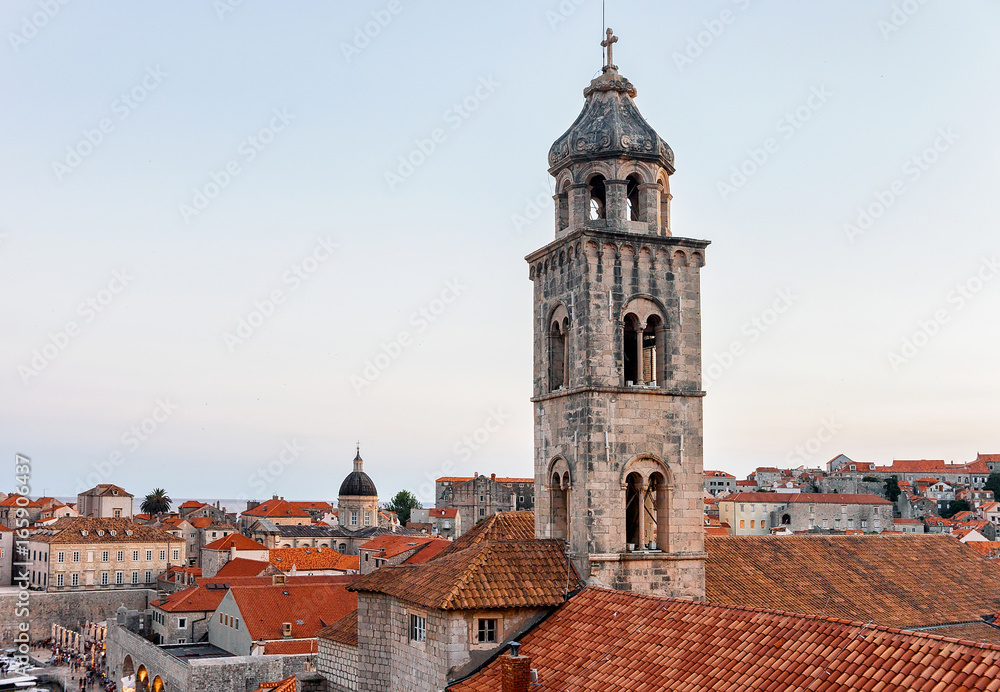 Panorama of Old city with church bell tower in Dubrovnik