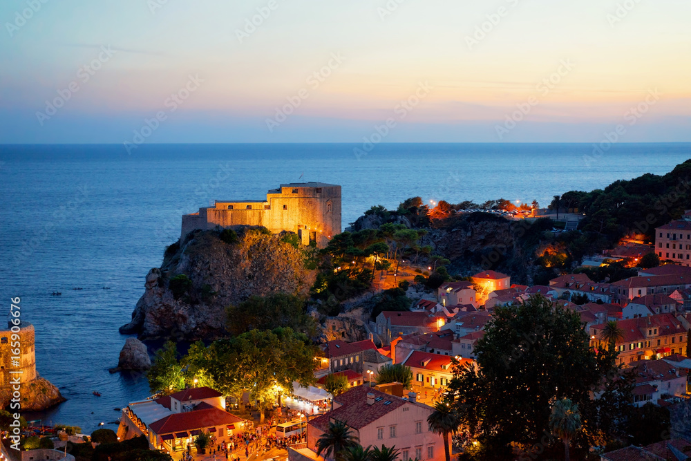 Fort Lovrijenac and Adriatic sea in Dubrovnik at night
