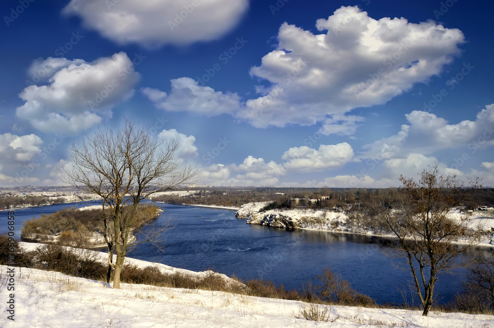 Dniper river valley winter landscape