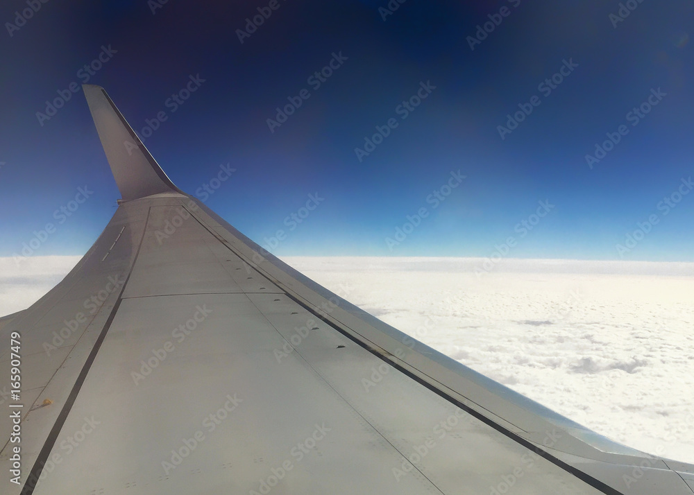 Airplane wing and blue sky