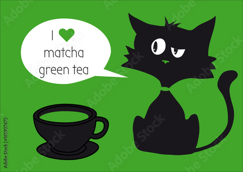 Fototapeta Naklejka Na Ścianę i Meble -  Black cat with cap of matcha green tea isolated on tea background with text, heart on green background, one white bubble label