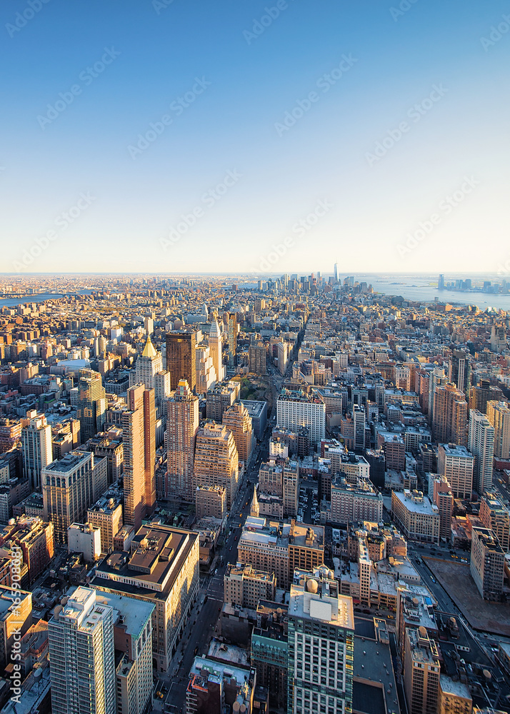 Aerial view on Skyline in Downtown Lower Manhattan NYC America