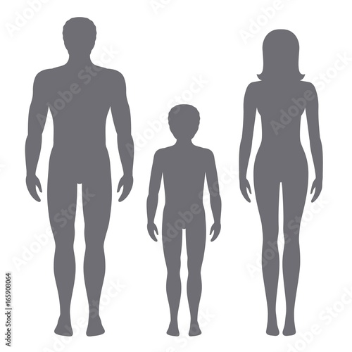 Vector illustration of man, woman and child. Body proportions of human front view silhouettes.