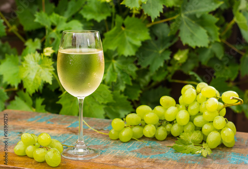 Wine glass with ice cold white wine, outdoor terrace, wine tasting in sunny day, green vineyard garden background.