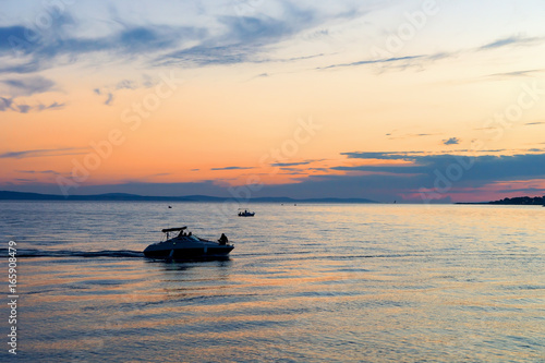 Boats at harbor Adriatic Sea Omis Croatia at sunset
