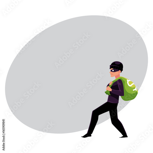 Thief, robber, burglar trying to escape with a money bag, cartoon vector illustration with space for text. Full length portrait of burglar, thief, robber in black disguise stealing money bag