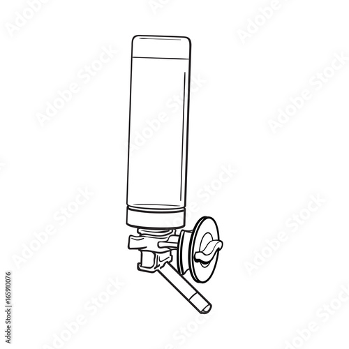 Automatic refillable drinker, can be attached to pet, cat, dog, parrot cage, crate wall, sketch vector illustration isolated on white background. Refillable, attachable drinker for pets and birds