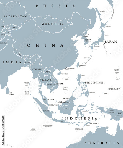 East Asia political map with countries and borders. Eastern subregion of the Asian continent with China, Japan, Mongolia and Indonesia. English labeling. Gray illustration on white background. Vector.