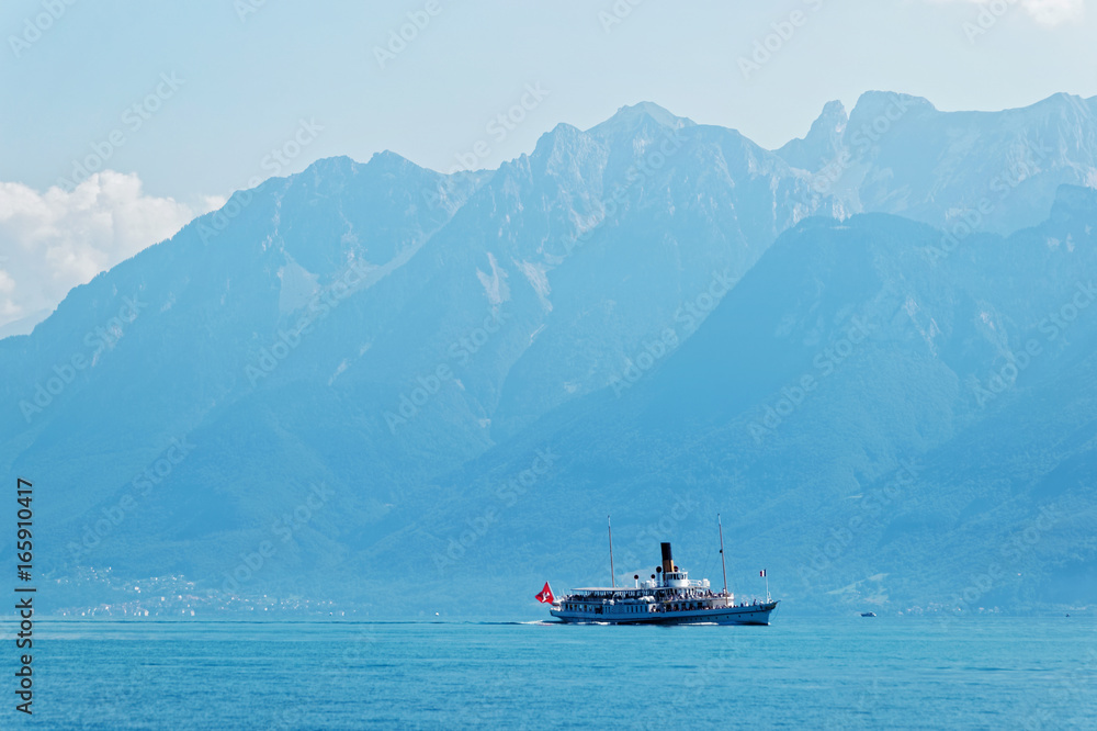 Water ferry ship with Swiss flag Lake Geneva Lausanne Water ferry ship with Swiss flag Lake Geneva Lausanne