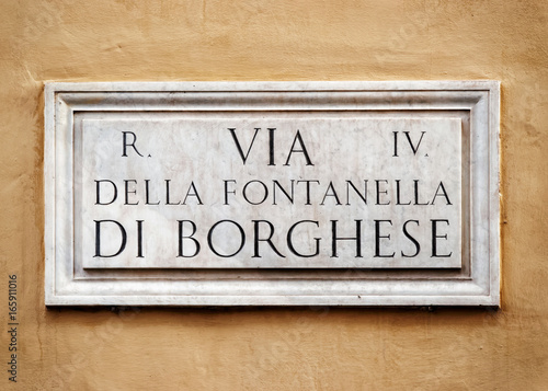 Via della Fontanella di Borghese sign on wall in Rome