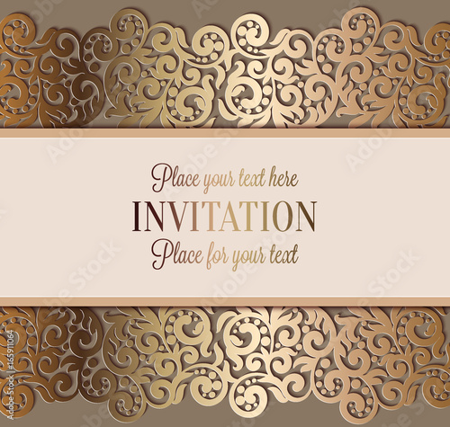 Antique luxury wedding invitation, gold on beige