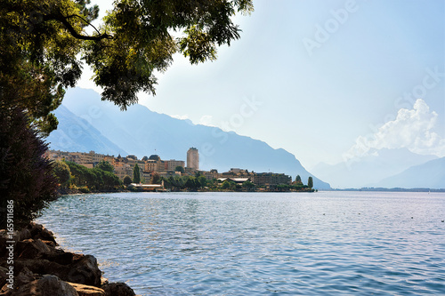 Montreux town and coastline on Geneva Lake Swiss Riviera