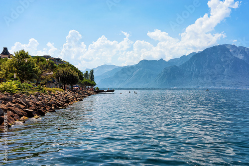 Alps mountains and coastline of Geneva Lake of Montreux Swiss