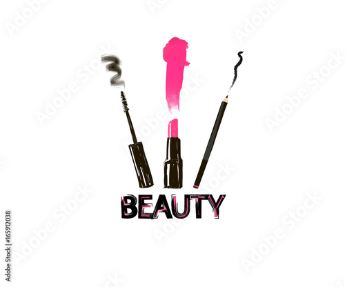 Beauty inscription sign. Set for make-up: lipstick, mascara, eyeliner. logo vector illustration