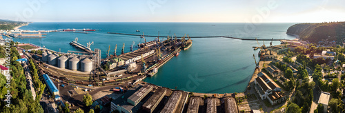 Panorama of industrial seaport. Aerial view.