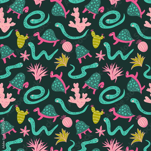 Seamless pattern of desert plants, turtles and boas. Vector stylish design for fabric, wrap paper or wallpaper. © Utro na more