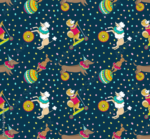 The trained doggies in the circus ring. Cheerful vector seamless pattern with cartoon dogs.