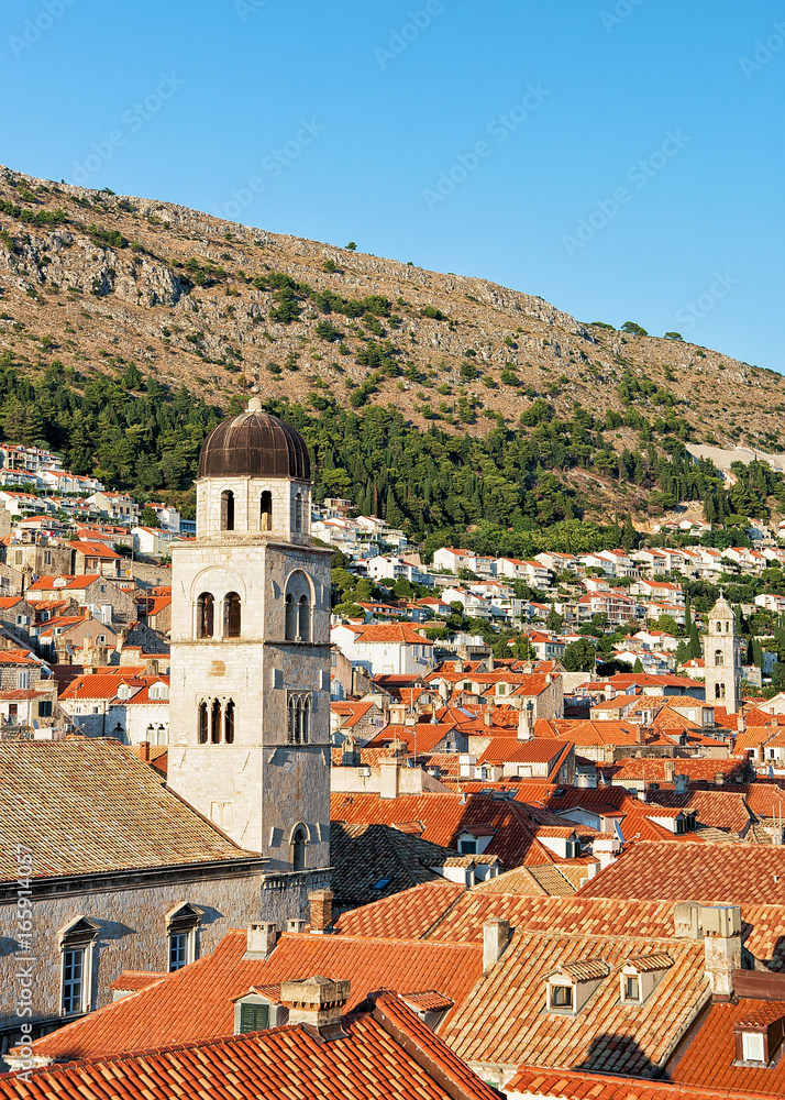 Franciscan monastery belfry viewed from Dubrovnik city walls in  Croatia