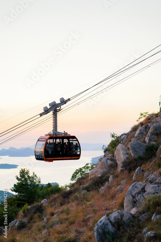 Cabin of cableway at sunset Croatia