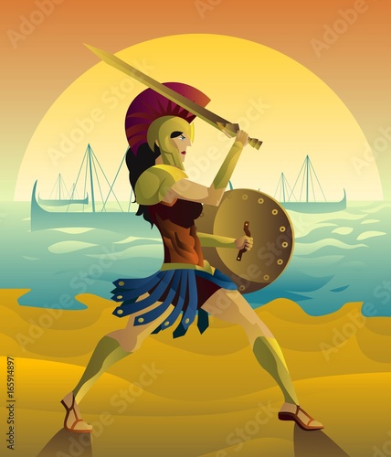 female spartan soldier with sword in the beach