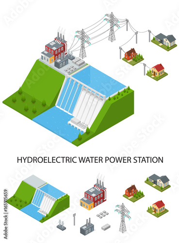 Hydroelectricity Power Station and Element Set Isometric View. Vector