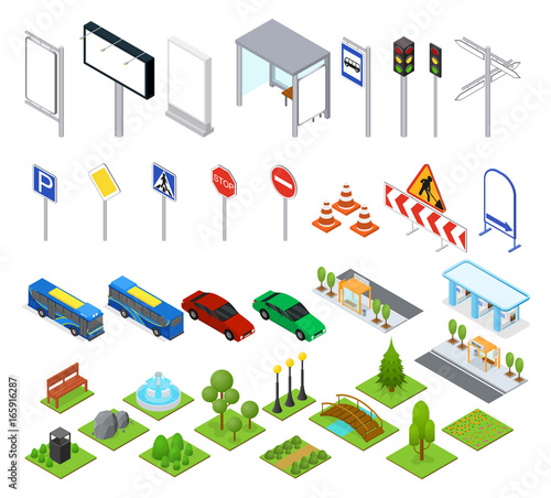 Street and Park Objects Set Isometric View. Vector