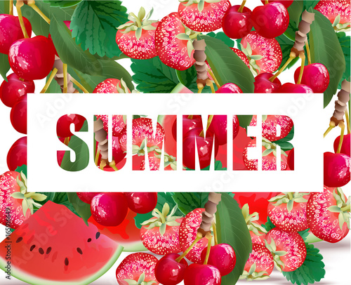Summer watermelon, strawberry, cherries fusion background Vector