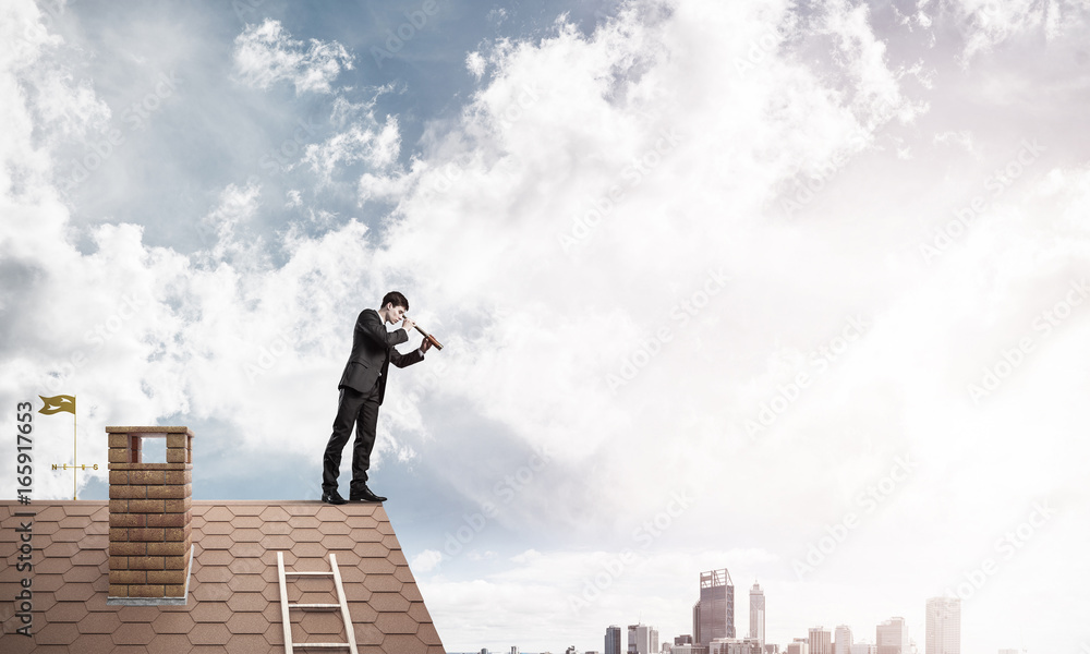 Mister boss on brick roof in search of something new. Mixed medi Mister boss on brick roof in search of something new. Mixed medi