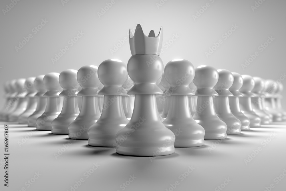 3D Rendering Front View of Many Pawn Chess with Leader in Front of