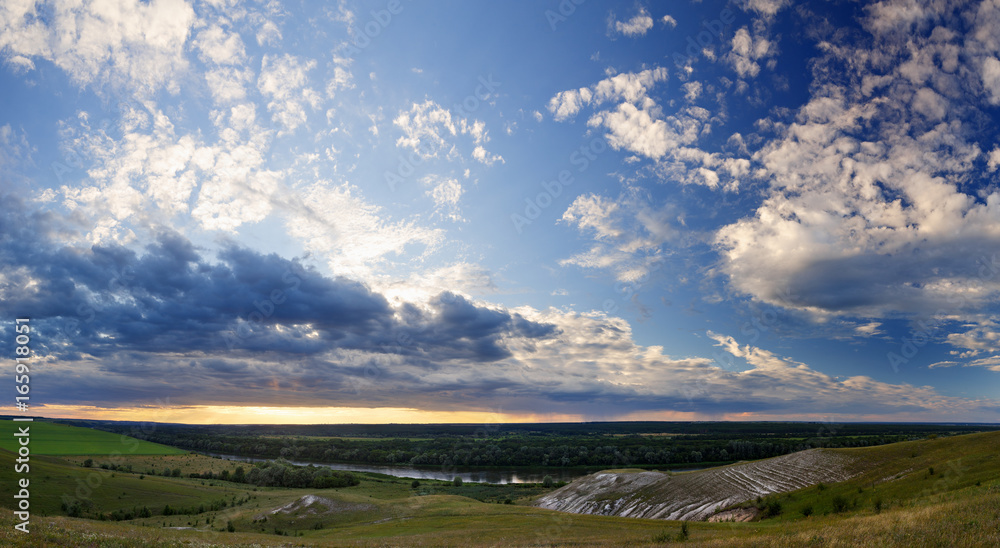 Panoramic view from the hills from the chalk to the valley of the Don River. Photographed in Russia before sunset.