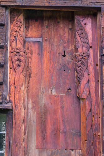 Carvings on a door on a stave church.