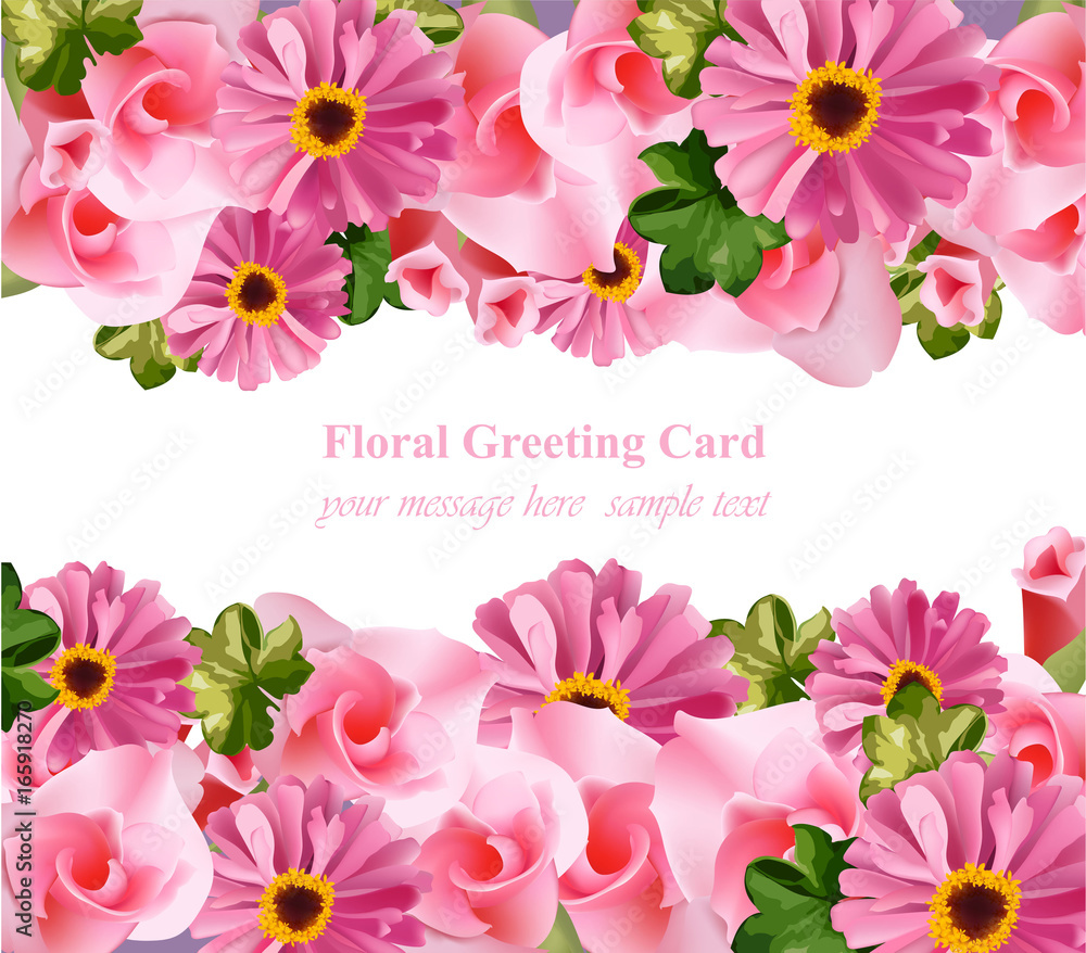 Pink flower and roses floral card Vector. delicate summer card. Springtime fresh natural composition