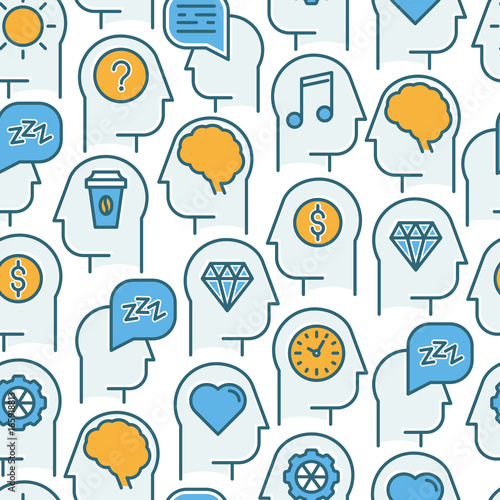 Human thinking seamless pattern with thin line icons of head silhouette. Vector illustration for survey about human brain, web page of psychologist, print media.