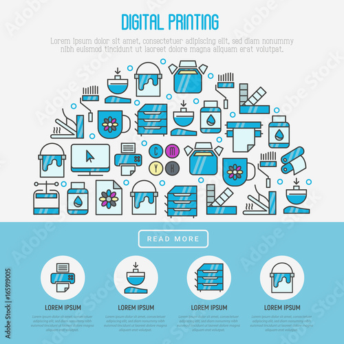 Digital printing concept with thin line icons. Vector illustration for web page, banner, print media.