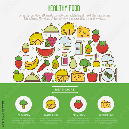 Organic food concept with thin line icons of fresh natural products  vegetarian groceries. Vector illustration for banner  web page about healthy nutrition.