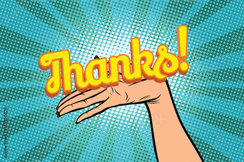 thanks word. Women open palm hand hold gesture