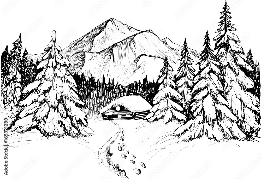 Winter forest in mountains vector illustration. Snowy firs and house.