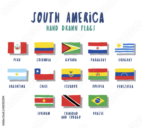 Set of flags of South American countries. Vector hand drawn illustrations, cartoon style