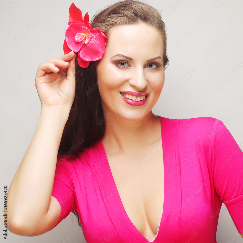 brunette with long hair in pink wear happy smiling brunette with long hair in pink wear happy smiling