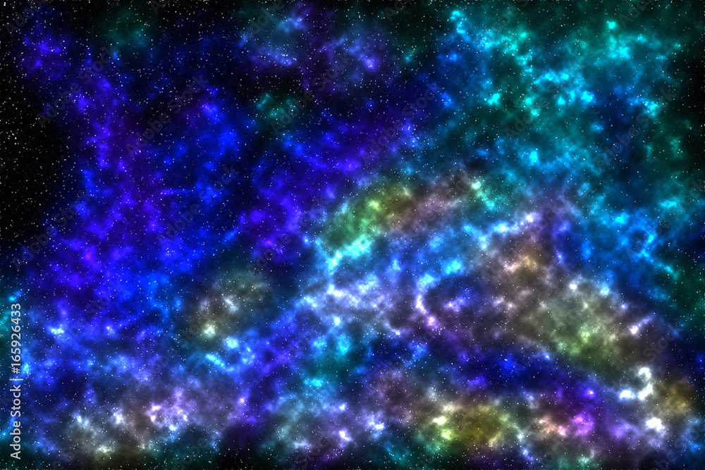 Space illustration colorful blue green black with stars