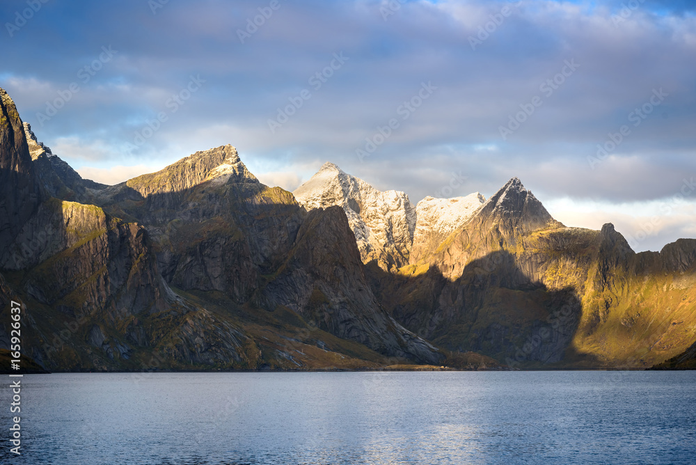 Beautiful mountain and lake landscape in a morning, Lofoten, Norway