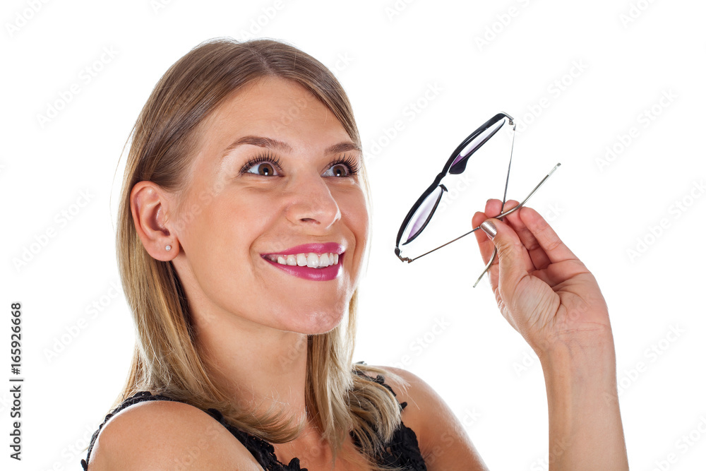 Attractive woman holding her sunglasses - isolated Attractive woman holding her sunglasses - isolated